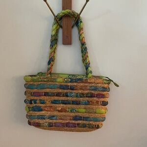 Vintage Cappelli Straworld Woven Straw and Batik Shoulder Bag